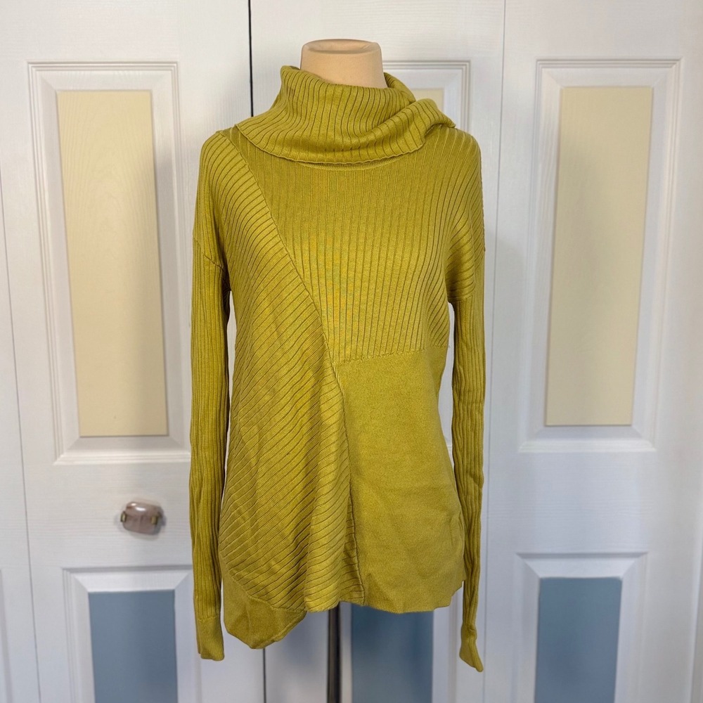 Cabi 4627 Cowl Neck Mixed Ribbed Stitch Sweater Citron Yellow XS